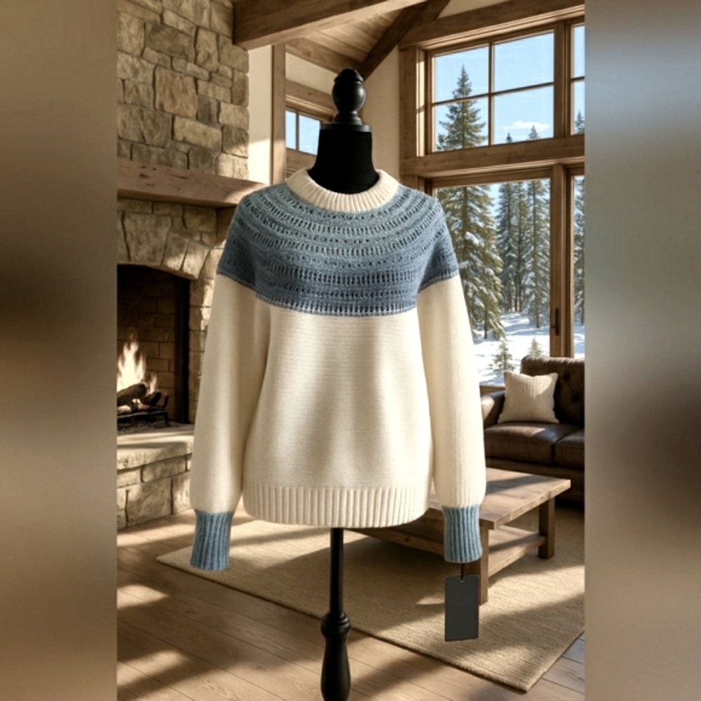 Boho Large Fair Isle Blue Ombre Knit Crew Wool  Sweater New